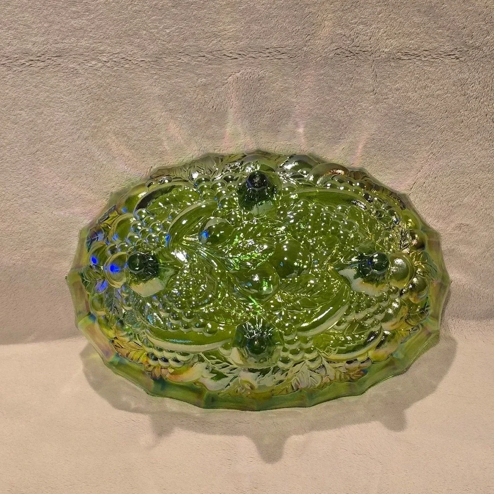 Vintage Indiana Green Carnival Glass Grape Pattern Footed Oval Scalloped Bowl
